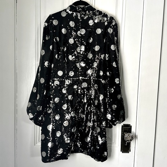 Sequin Polka Dot Mini Dress Black Silver Puff Sleeve Black Silver Size M - Picture 2 of 6